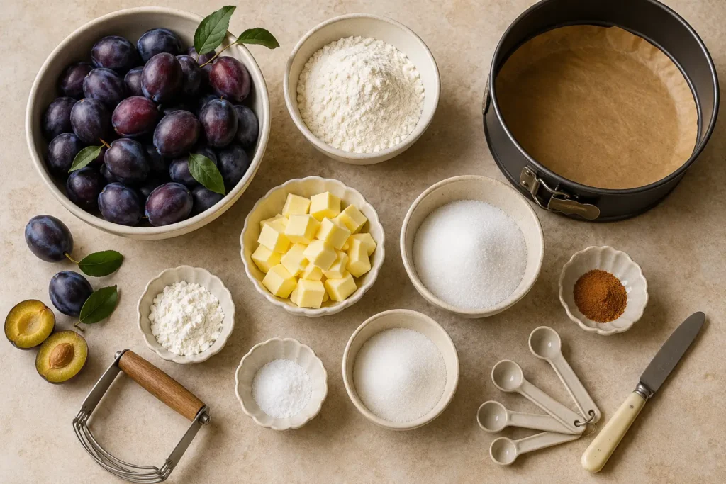 Zutaten für Zwetschgenkuchen mit Streusel mit Zwetschgen, Mehl, Butter, Zucker und Speisestärke