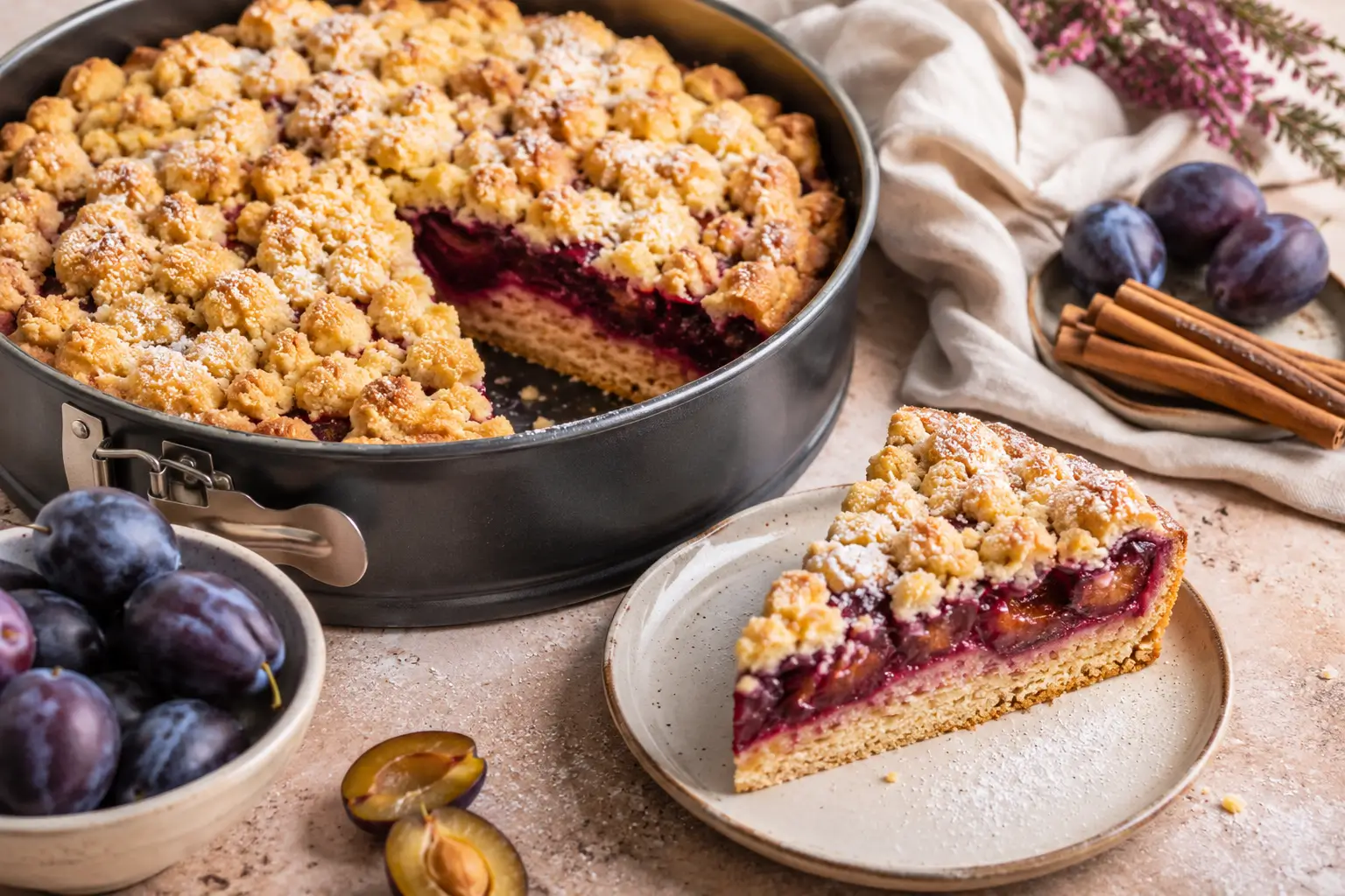 Saftiger Zwetschgenkuchen mit Streusel aus einer 24-cm-Springform