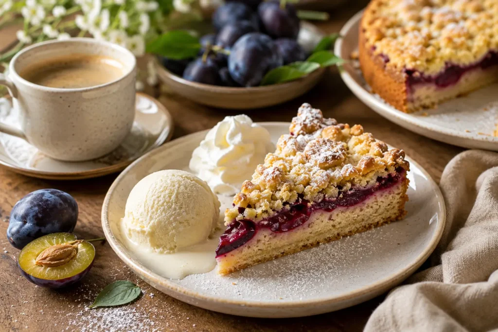 Stück Zwetschgenkuchen mit Streusel, Schlagsahne und Vanilleeis